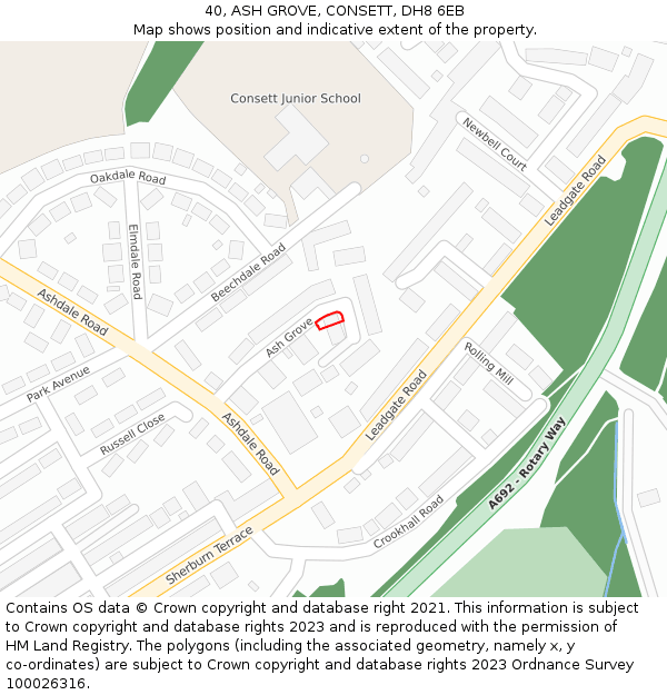 40, ASH GROVE, CONSETT, DH8 6EB: Location map and indicative extent of plot