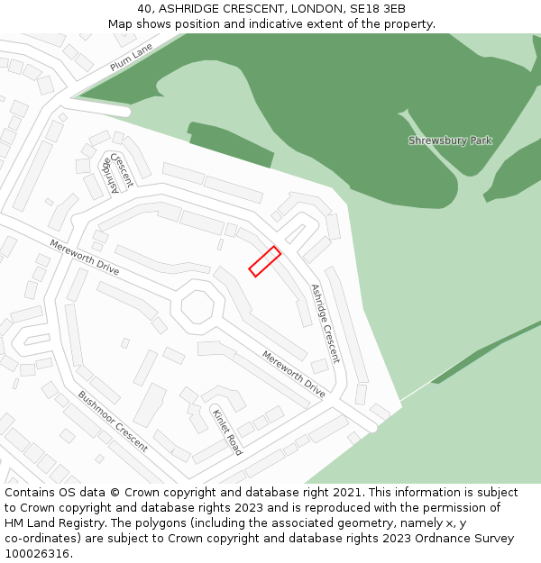 40, ASHRIDGE CRESCENT, LONDON, SE18 3EB: Location map and indicative extent of plot