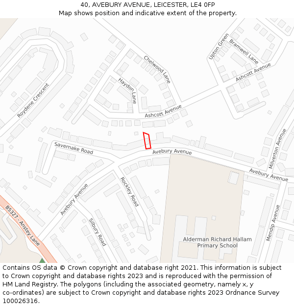 40, AVEBURY AVENUE, LEICESTER, LE4 0FP: Location map and indicative extent of plot