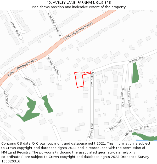 40, AVELEY LANE, FARNHAM, GU9 8PS: Location map and indicative extent of plot