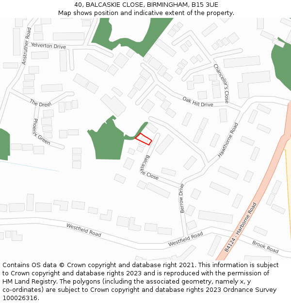 40, BALCASKIE CLOSE, BIRMINGHAM, B15 3UE: Location map and indicative extent of plot