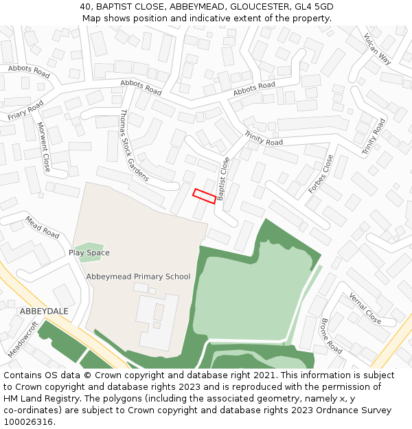 40, BAPTIST CLOSE, ABBEYMEAD, GLOUCESTER, GL4 5GD: Location map and indicative extent of plot