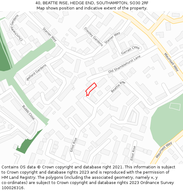 40, BEATTIE RISE, HEDGE END, SOUTHAMPTON, SO30 2RF: Location map and indicative extent of plot