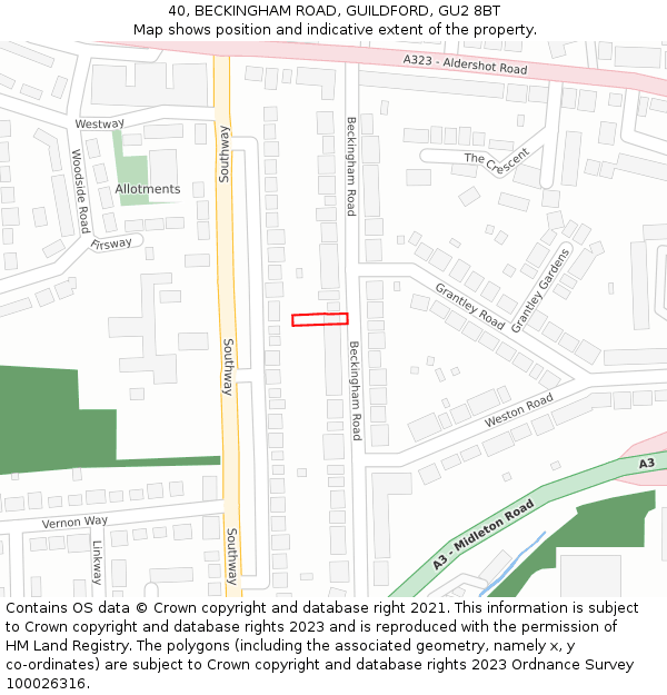 40, BECKINGHAM ROAD, GUILDFORD, GU2 8BT: Location map and indicative extent of plot