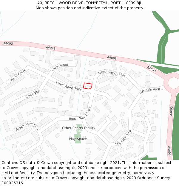 40, BEECH WOOD DRIVE, TONYREFAIL, PORTH, CF39 8JL: Location map and indicative extent of plot