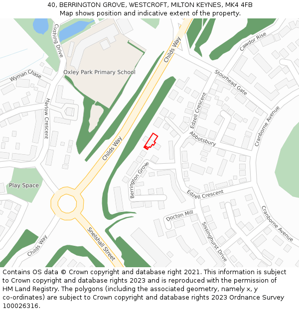 40, BERRINGTON GROVE, WESTCROFT, MILTON KEYNES, MK4 4FB: Location map and indicative extent of plot