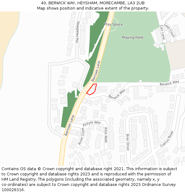 40, BERWICK WAY, HEYSHAM, MORECAMBE, LA3 2UB: Location map and indicative extent of plot