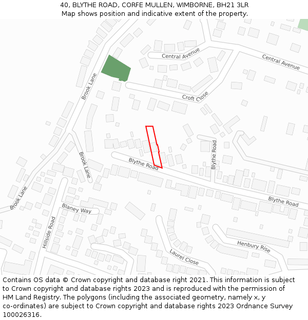 40, BLYTHE ROAD, CORFE MULLEN, WIMBORNE, BH21 3LR: Location map and indicative extent of plot