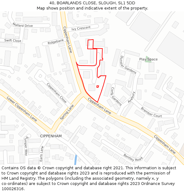 40, BOARLANDS CLOSE, SLOUGH, SL1 5DD: Location map and indicative extent of plot