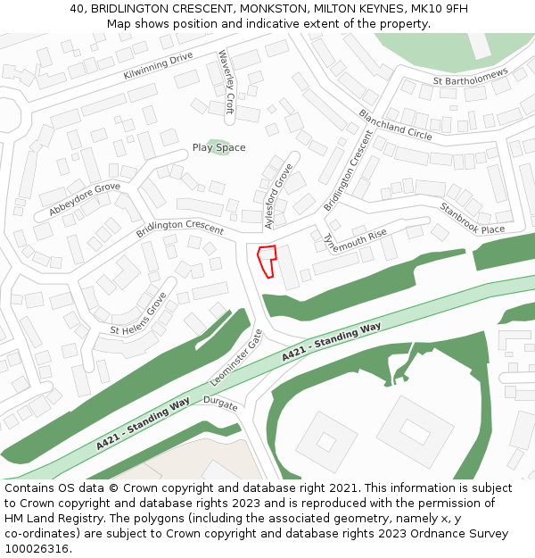 40, BRIDLINGTON CRESCENT, MONKSTON, MILTON KEYNES, MK10 9FH: Location map and indicative extent of plot