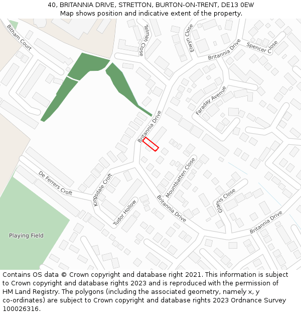 40, BRITANNIA DRIVE, STRETTON, BURTON-ON-TRENT, DE13 0EW: Location map and indicative extent of plot
