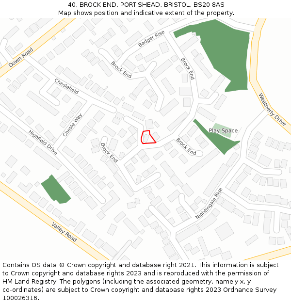 40, BROCK END, PORTISHEAD, BRISTOL, BS20 8AS: Location map and indicative extent of plot