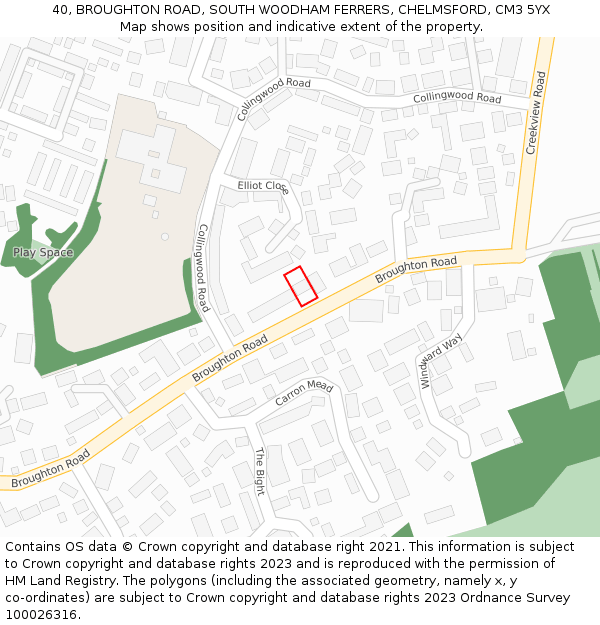 40, BROUGHTON ROAD, SOUTH WOODHAM FERRERS, CHELMSFORD, CM3 5YX: Location map and indicative extent of plot