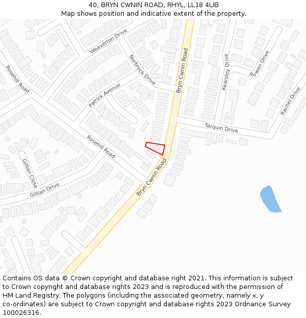 40, BRYN CWNIN ROAD, RHYL, LL18 4UB: Location map and indicative extent of plot