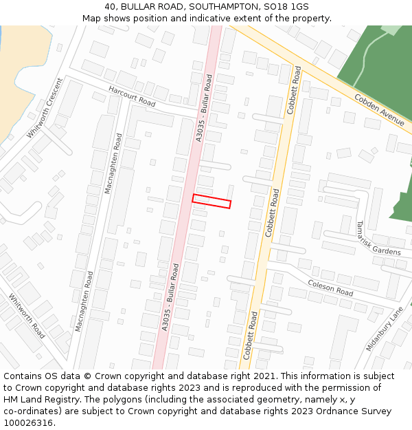 40, BULLAR ROAD, SOUTHAMPTON, SO18 1GS: Location map and indicative extent of plot