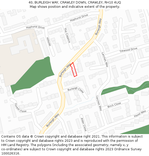 40, BURLEIGH WAY, CRAWLEY DOWN, CRAWLEY, RH10 4UQ: Location map and indicative extent of plot