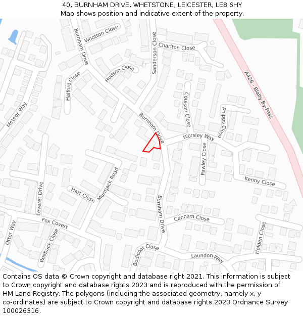 40, BURNHAM DRIVE, WHETSTONE, LEICESTER, LE8 6HY: Location map and indicative extent of plot