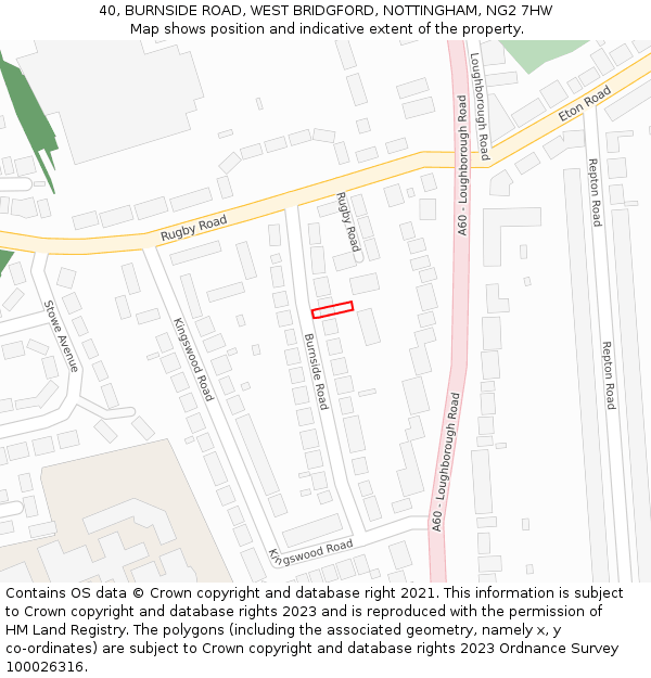 40, BURNSIDE ROAD, WEST BRIDGFORD, NOTTINGHAM, NG2 7HW: Location map and indicative extent of plot