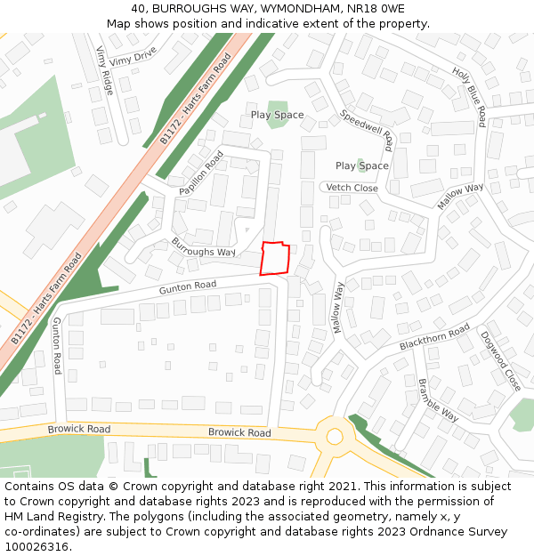 40, BURROUGHS WAY, WYMONDHAM, NR18 0WE: Location map and indicative extent of plot