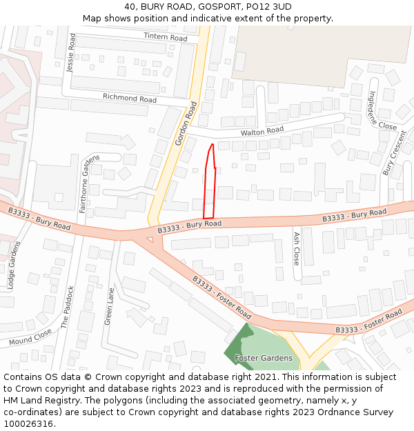 40, BURY ROAD, GOSPORT, PO12 3UD: Location map and indicative extent of plot