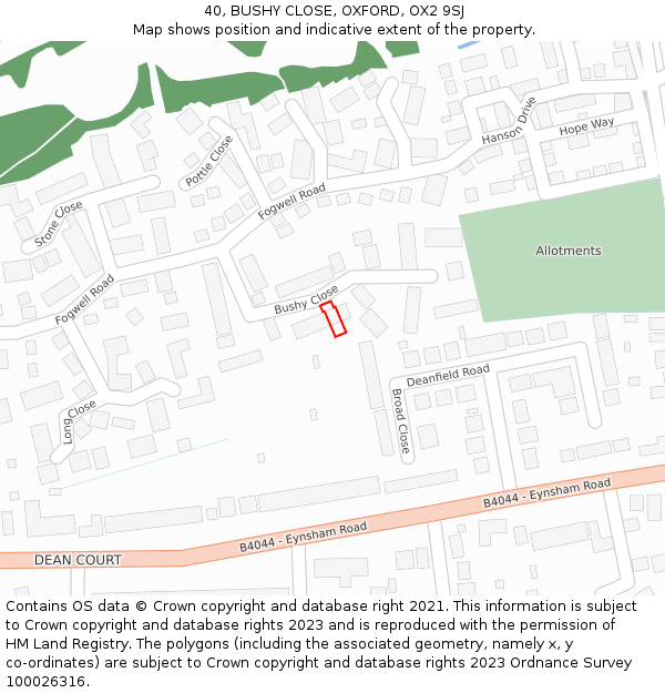 40, BUSHY CLOSE, OXFORD, OX2 9SJ: Location map and indicative extent of plot