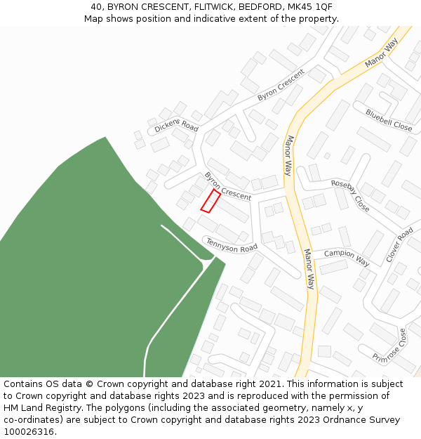 40, BYRON CRESCENT, FLITWICK, BEDFORD, MK45 1QF: Location map and indicative extent of plot