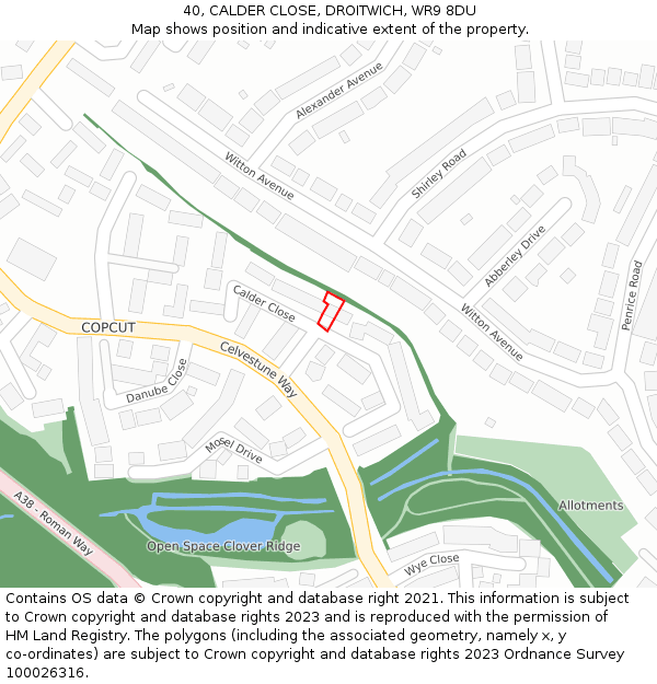 40, CALDER CLOSE, DROITWICH, WR9 8DU: Location map and indicative extent of plot