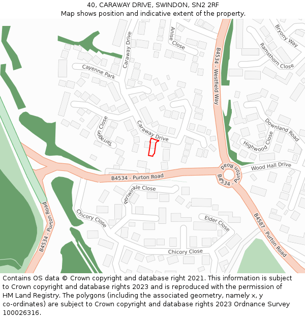 40, CARAWAY DRIVE, SWINDON, SN2 2RF: Location map and indicative extent of plot