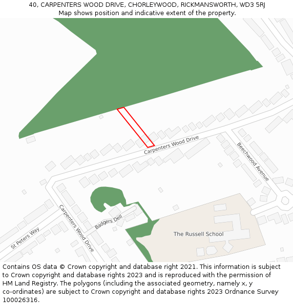 40, CARPENTERS WOOD DRIVE, CHORLEYWOOD, RICKMANSWORTH, WD3 5RJ: Location map and indicative extent of plot