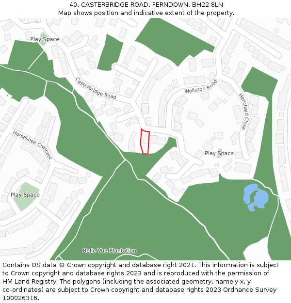 40, CASTERBRIDGE ROAD, FERNDOWN, BH22 8LN: Location map and indicative extent of plot