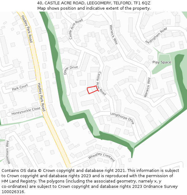 40, CASTLE ACRE ROAD, LEEGOMERY, TELFORD, TF1 6QZ: Location map and indicative extent of plot