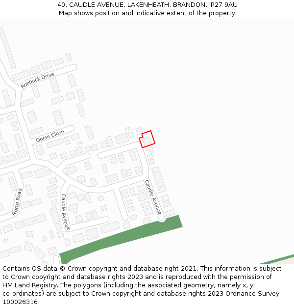 40, CAUDLE AVENUE, LAKENHEATH, BRANDON, IP27 9AU: Location map and indicative extent of plot