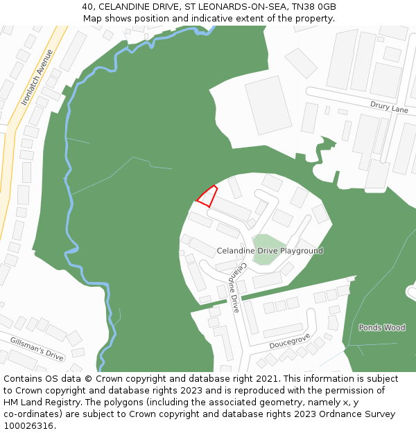 40, CELANDINE DRIVE, ST LEONARDS-ON-SEA, TN38 0GB: Location map and indicative extent of plot