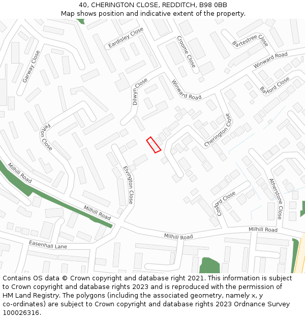 40, CHERINGTON CLOSE, REDDITCH, B98 0BB: Location map and indicative extent of plot