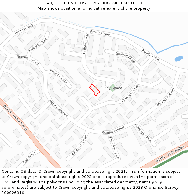 40, CHILTERN CLOSE, EASTBOURNE, BN23 8HD: Location map and indicative extent of plot