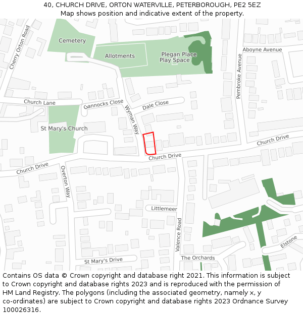 40, CHURCH DRIVE, ORTON WATERVILLE, PETERBOROUGH, PE2 5EZ: Location map and indicative extent of plot