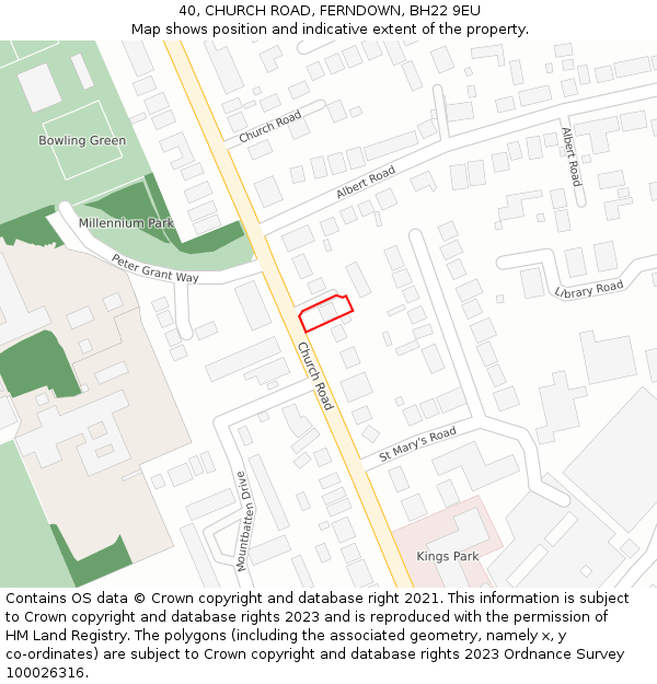 40, CHURCH ROAD, FERNDOWN, BH22 9EU: Location map and indicative extent of plot