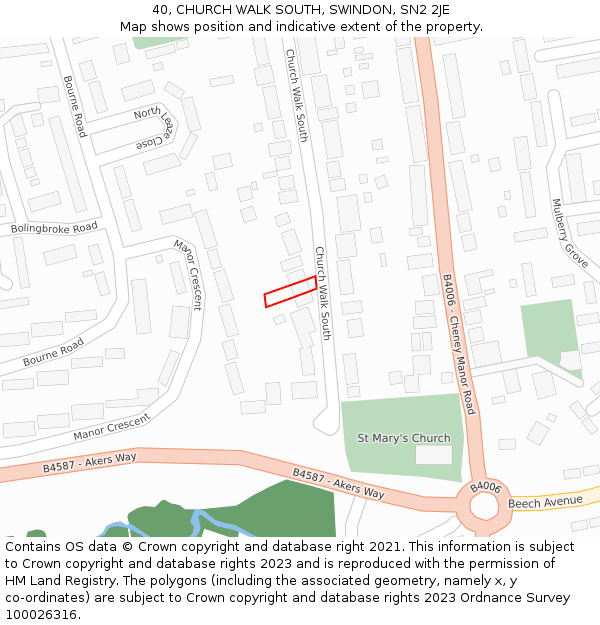 40, CHURCH WALK SOUTH, SWINDON, SN2 2JE: Location map and indicative extent of plot