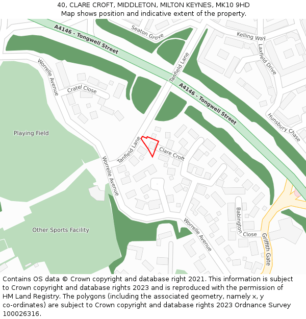 40, CLARE CROFT, MIDDLETON, MILTON KEYNES, MK10 9HD: Location map and indicative extent of plot