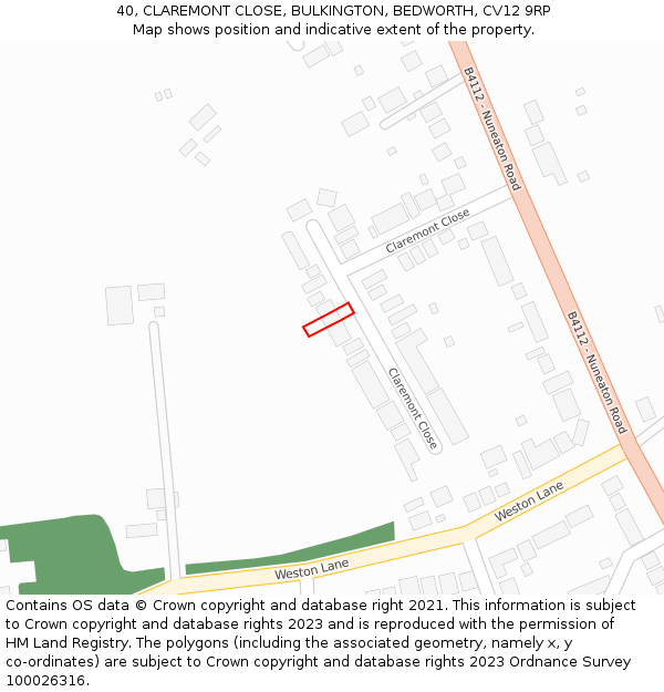 40, CLAREMONT CLOSE, BULKINGTON, BEDWORTH, CV12 9RP: Location map and indicative extent of plot