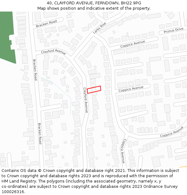 40, CLAYFORD AVENUE, FERNDOWN, BH22 9PG: Location map and indicative extent of plot