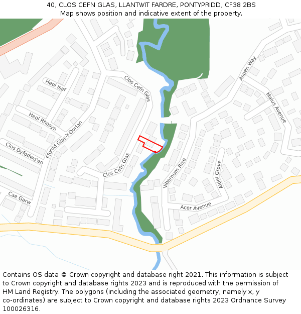 40, CLOS CEFN GLAS, LLANTWIT FARDRE, PONTYPRIDD, CF38 2BS: Location map and indicative extent of plot