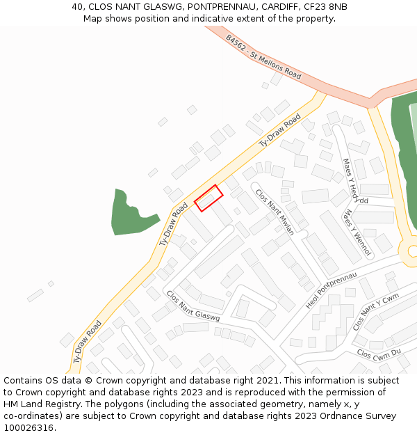 40, CLOS NANT GLASWG, PONTPRENNAU, CARDIFF, CF23 8NB: Location map and indicative extent of plot