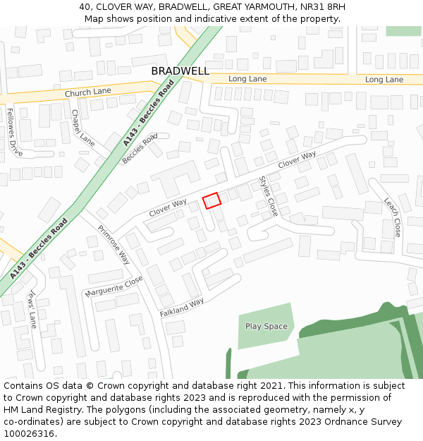 40, CLOVER WAY, BRADWELL, GREAT YARMOUTH, NR31 8RH: Location map and indicative extent of plot