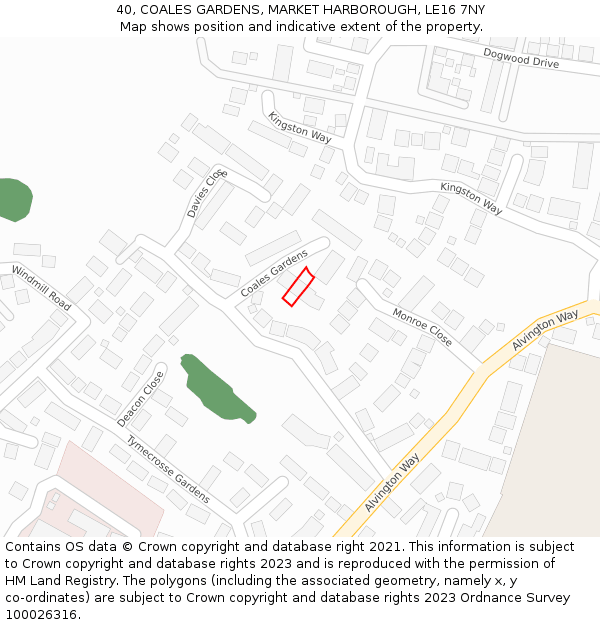 40, COALES GARDENS, MARKET HARBOROUGH, LE16 7NY: Location map and indicative extent of plot