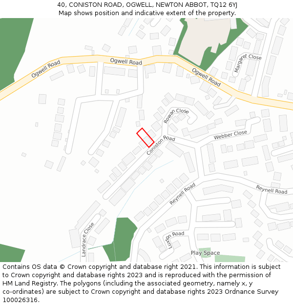 40, CONISTON ROAD, OGWELL, NEWTON ABBOT, TQ12 6YJ: Location map and indicative extent of plot