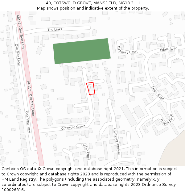 40, COTSWOLD GROVE, MANSFIELD, NG18 3HH: Location map and indicative extent of plot