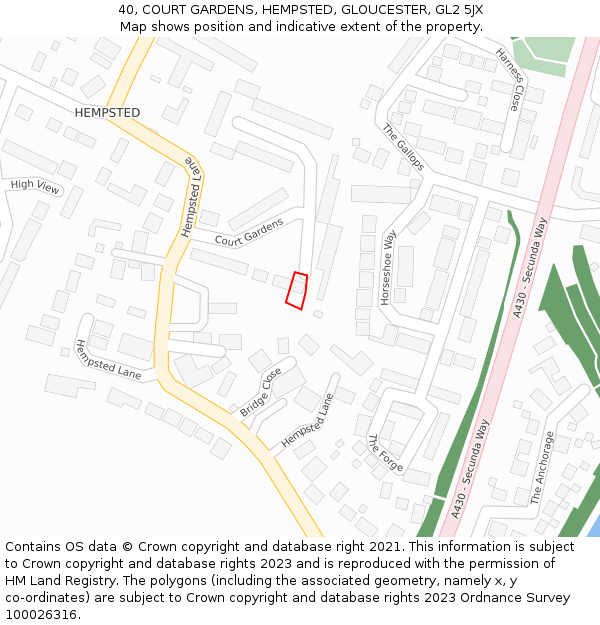 40, COURT GARDENS, HEMPSTED, GLOUCESTER, GL2 5JX: Location map and indicative extent of plot