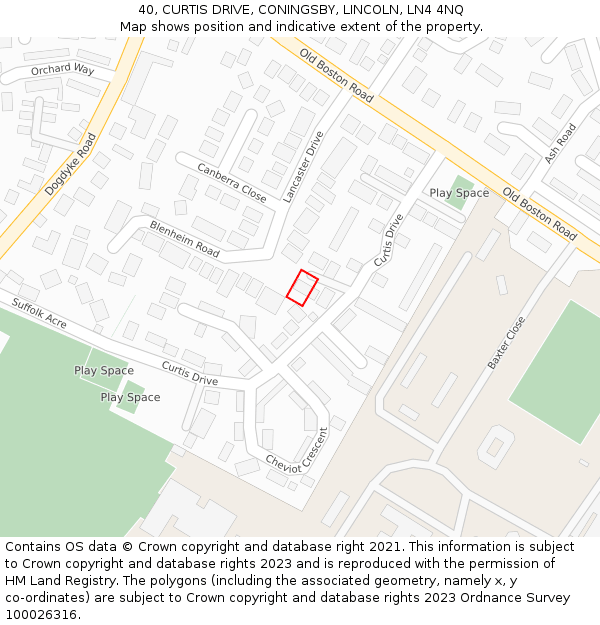 40, CURTIS DRIVE, CONINGSBY, LINCOLN, LN4 4NQ: Location map and indicative extent of plot