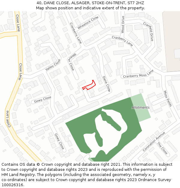 40, DANE CLOSE, ALSAGER, STOKE-ON-TRENT, ST7 2HZ: Location map and indicative extent of plot